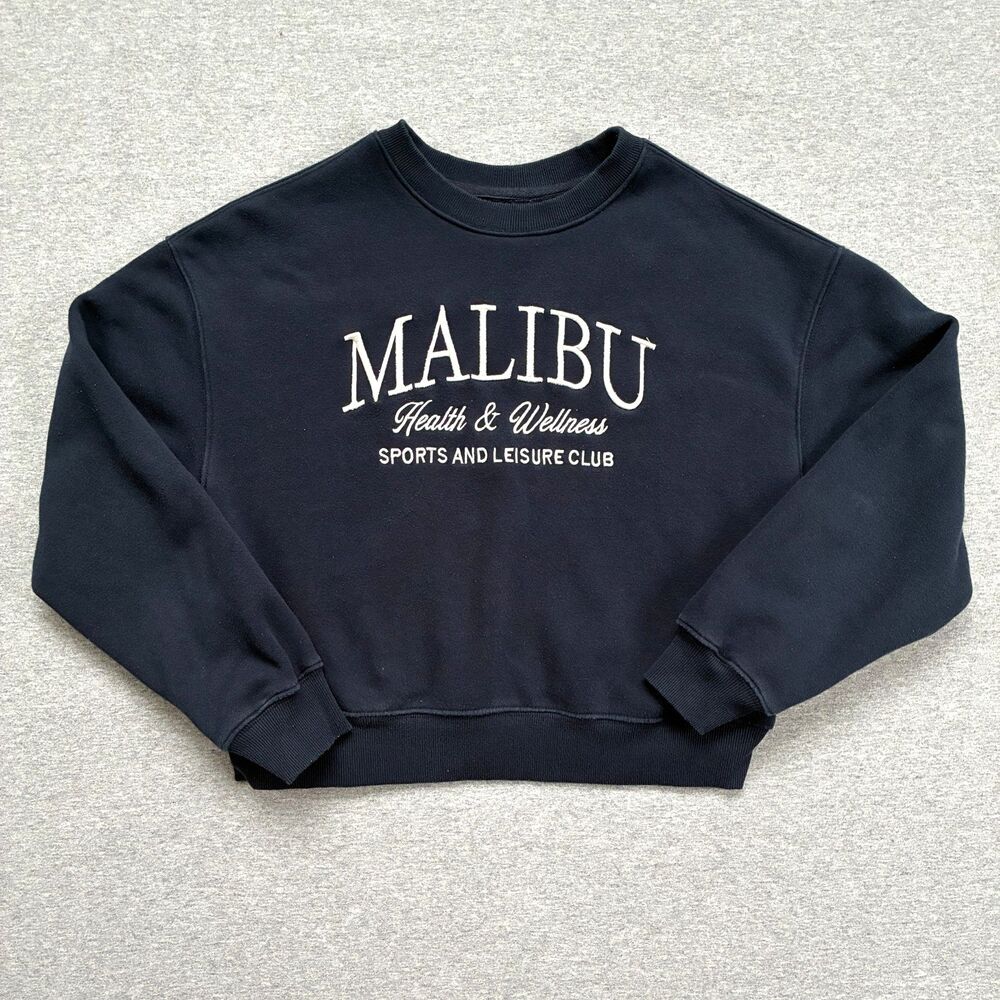 Lazy Sunday Sweatshirt L Boxy Navy Crewneck Slightly Cropped Embroidered Cozy